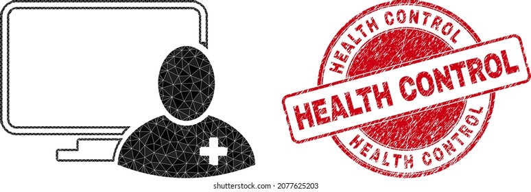 Low-Poly triangulated computer doctor symbol illustration with Health Control corroded stamp. Red stamp seal contains Health Control tag inside circle it.
