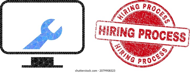 Low-Poly triangulated computer settings wrench icon illustration with HIRING PROCESS grunge seal imitation. Red stamp includes Hiring Process title inside round shape.