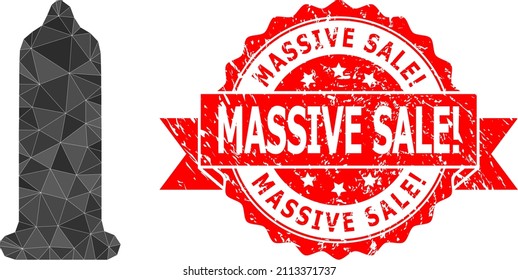 Low-Poly triangulated condom symbol illustration, and Massive Sale dirty stamp seal. Red stamp seal includes Massive Sale caption inside ribbon. Vector condom icon is filled with triangles.
