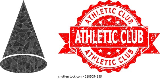 Lowpoly triangulated cone figure icon illustration, and Athletic Club grunge seal imitation. Red seal includes Athletic Club title inside ribbon. Vector cone figure icon is filled with triangles.