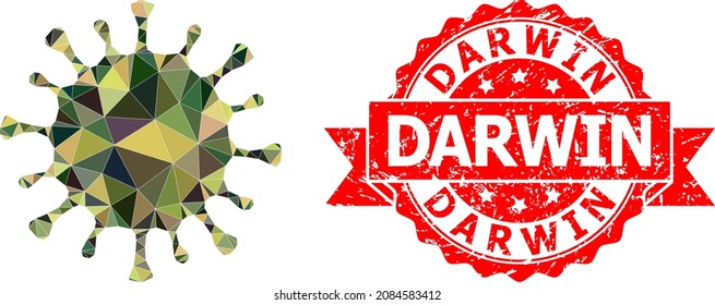 Low-Poly triangulated coronavirus military camouflage 2d illustration, and Darwin rubber seal. Red seal contains Darwin title inside ribbon. Vector coronavirus icon filled with camo triangles.