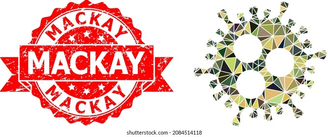 Low-Poly triangulated Covid virus military camouflage icon illustration, and Mackay textured stamp seal. Red seal has Mackay title inside ribbon.