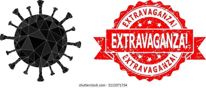 Lowpoly triangulated Covid-19 virus icon illustration, and Extravaganza corroded seal. Red stamp includes Extravaganza title inside ribbon. Vector Covid-19 virus icon is filled using triangles.