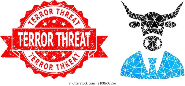 Low-Poly triangulated cow boss icon illustration, and Terror Threat scratched seal print. Red stamp seal includes Terror Threat text inside ribbon. Vector cow boss icon is filled with triangles.