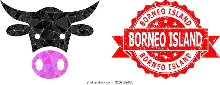 Low-Poly triangulated cow head 2d illustration, and Borneo Island rubber stamp seal. Red stamp seal includes Borneo Island title inside ribbon. Vector cow head icon is filled using triangles.