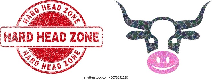 Low-Poly triangulated cow head icon illustration, and Hard Head Zone scratched stamp seal. Red stamp seal has Hard Head Zone title inside circle shape. Cow head icon is filled using triangles.