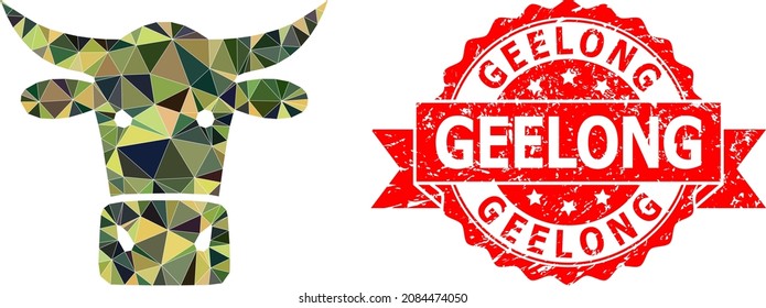 Lowpoly triangulated cow head military camouflage icon illustration, and Geelong unclean stamp. Red stamp seal contains Geelong text inside ribbon.