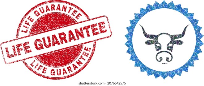 Low-Poly triangulated cow seal stamp icon illustration, and Life Guarantee corroded seal print. Red stamp contains Life Guarantee title inside round form.