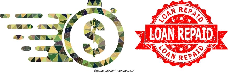 Low-Poly triangulated credit time military camouflage icon illustration, and Loan Repaid unclean seal imitation. Red stamp seal contains Loan Repaid text inside ribbon.