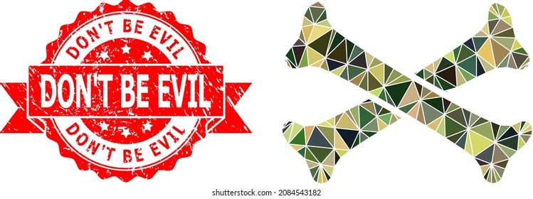 Low-Poly Triangulated Crossing Bones Military Camouflage Icon Illustration, And Don'T Be Evil Unclean Stamp. Red Stamp Contains Don'T Be Evil Text Inside Ribbon.