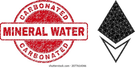 Ilustración 2d de cristal triangulada de baja polilla con imitación de sello de goma de AGUA MINERAL CARBONADA. El sello rojo contiene la leyenda de agua mineral carbonada en forma redonda.