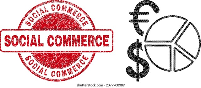 Ilustración del símbolo del gráfico circular de la moneda triangulada de bajo contenido de poli, e imitación del precinto sucio COMMERCE SOCIAL. El sello rojo contiene la etiqueta de comercio social en forma de círculo.