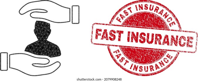 Low-Poly Triangulated Customer Care Hands Icon Illustration With Fast Insurance Corroded Stamp Seal. Red Stamp Seal Contains Fast Insurance Title Inside Circle Form.