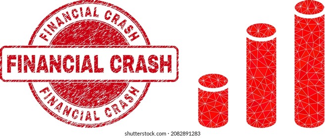 Low-Poly triangulated cylinder chart 2d illustration with Financial Crash scratched seal print. Red stamp seal contains Financial Crash tag inside circle shape.