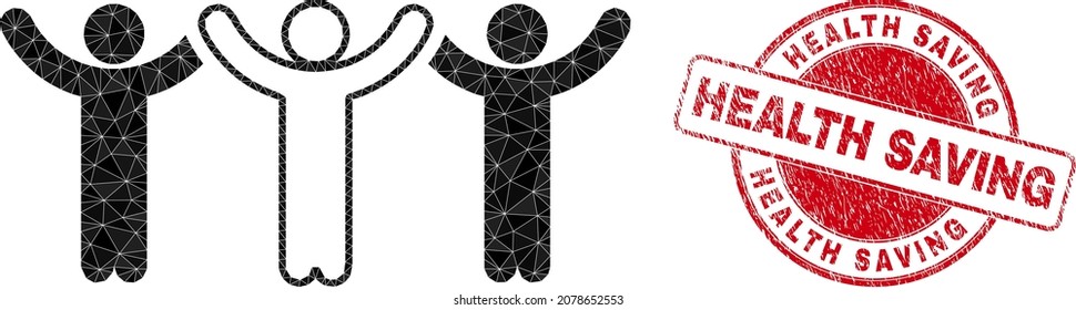 Low-Poly triangulated dancing people icon illustration with Health Saving unclean seal imitation. Red stamp includes Health Saving tag inside circle shape. Dancing people icon filled with triangles.