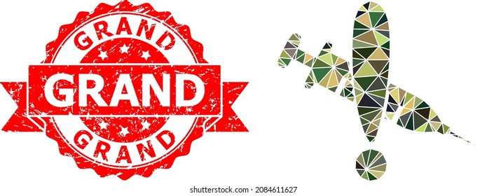 Low-Poly triangulated danger vaccine military camouflage icon illustration, and Grand unclean watermark. Red seal includes Grand title inside ribbon.