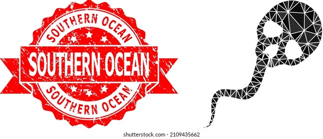 Lowpoly triangulated dead sperm icon illustration, and Southern Ocean corroded stamp. Red stamp has Southern Ocean caption inside ribbon. Vector dead sperm icon is filled with triangles.
