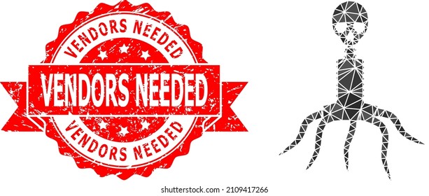 Low-Poly triangulated death virus symbol illustration, and Vendors Needed dirty stamp. Red stamp seal includes Vendors Needed caption inside ribbon. Vector death virus icon is filled with triangles.