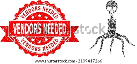 Low-Poly triangulated death virus symbol illustration, and Vendors Needed dirty stamp. Red stamp seal includes Vendors Needed caption inside ribbon. Vector death virus icon is filled with triangles.