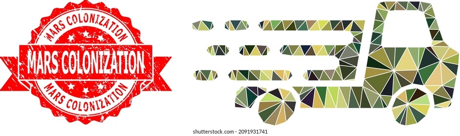Low-Poly triangulated delivery car chassi military camouflage icon illustration, and Mars Colonization scratched seal print. Red stamp seal has Mars Colonization text inside ribbon.
