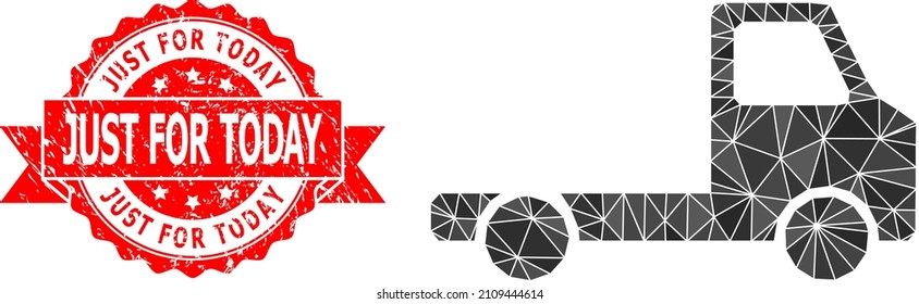Ilustración del símbolo de chassi del coche de entrega triangulado de bajo polo y sello texturizado de Just for Today. El sello rojo tiene texto Just for Today dentro de la cinta.