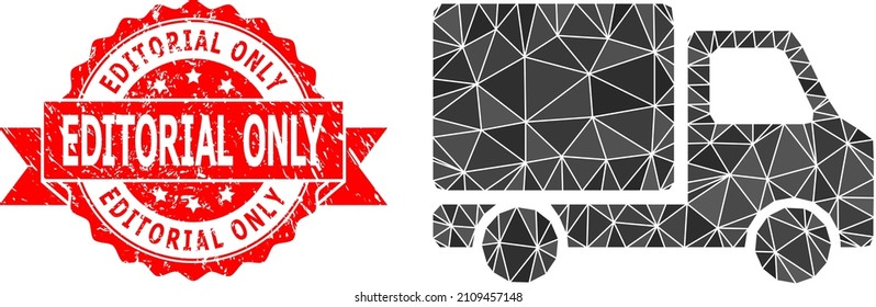 Low-Poly triangulated delivery car icon illustration, and Editorial Only dirty stamp seal. Red stamp seal contains Editorial Only tag inside ribbon.