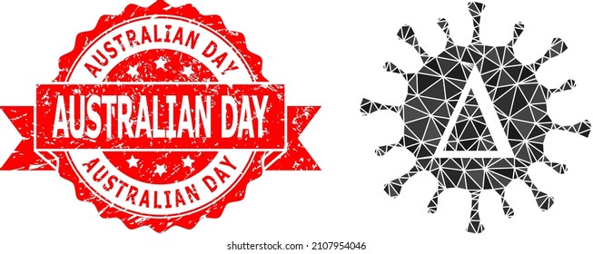 Low-Poly triangulated Delta coronavirus icon illustration, and Australian Day rubber seal imitation. Red seal has Australian Day text inside ribbon.