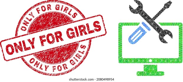 Low-Poly triangulated desktop options symbol illustration with ONLY FOR GIRLS unclean seal print. Red stamp includes Only for Girls title inside round form. Desktop options icon filled with triangles.