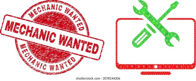Low-Poly triangulated desktop tools symbol illustration with Mechanic Wanted textured stamp. Red stamp seal has Mechanic Wanted title inside round it. Desktop tools icon is filled with triangles.