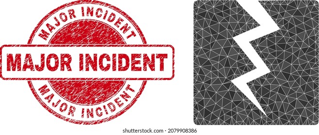 Lowpoly triangulated destruct icon illustration, and Major Incident textured stamp seal. Red stamp seal contains Major Incident tag inside round it. Destruct icon filled using triangle mosaic.