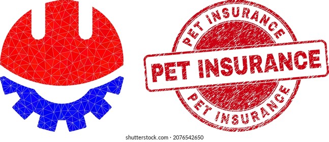Lowpoly trianguló el casco de desarrollo 2d ilustración, y el precinto sucio de Pet Insurance. El sello rojo incluye el texto de Pet Insurance dentro de su alrededor. El icono del casco de desarrollo está lleno de triángulos.