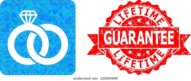 Low-Poly Triangulated Diamond Wedding Rings Icon Illustration, And Lifetime Guarantee Grunge Seal. Red Stamp Seal Contains Lifetime Guarantee Title Inside Ribbon.