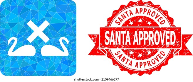 Low-Poly triangulated divorce swans symbol illustration, and Santa Approved textured seal print. Red stamp seal includes Santa Approved title inside ribbon.