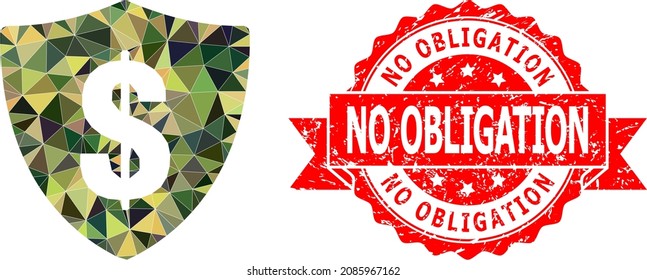 Lowpoly triangulated dollar shield military camouflage icon illustration, and No Obligation textured seal. Red seal contains No Obligation title inside ribbon.