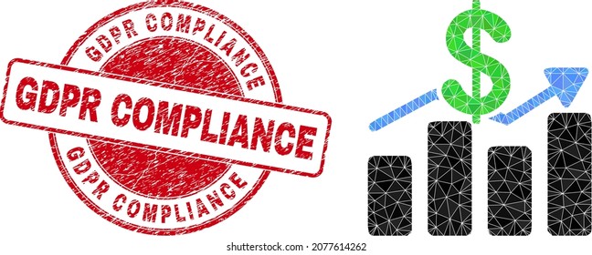 Ilustración de iconos de tendencias en dólares trianguladas por bajo polo y sello de goma Gdpr Compliance. El sello rojo incluye el título de cumplimiento de Gdpr dentro de la forma de círculo. El icono de las tendencias del dólar se rellena utilizando triángulos.