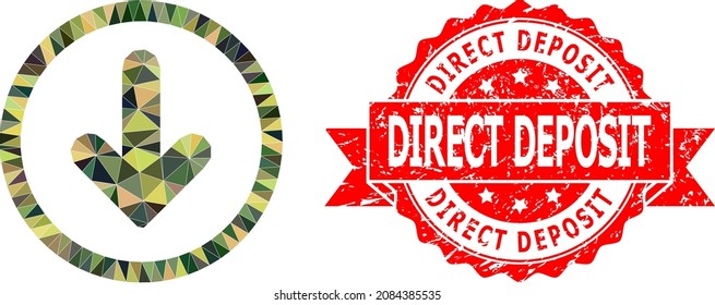 Low-Poly triangulated down pointer military camouflage icon illustration, and Direct Deposit grunge stamp seal. Red stamp seal contains Direct Deposit tag inside ribbon.