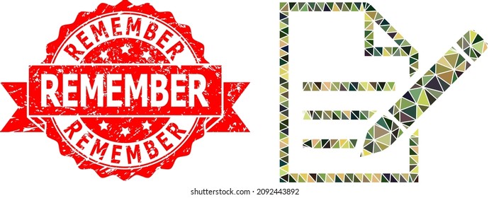 Low-Poly triangulated edit text page military camouflage icon illustration, and Remember textured seal imitation. Red seal contains Remember caption inside ribbon.