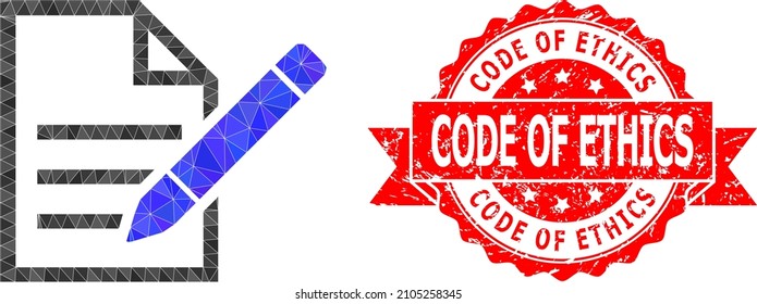 Lowpoly triangulated edit text page symbol illustration, and Code of Ethics scratched stamp. Red stamp includes Code of Ethics caption inside ribbon.