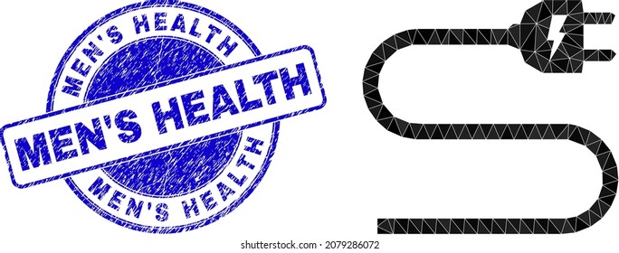 Ilustración 2d del cable eléctrico triangulado de baja poly con sello texturizado de textura de la SALUD de los hombres. El sello azul contiene la leyenda de la salud masculina dentro de la forma de círculo.