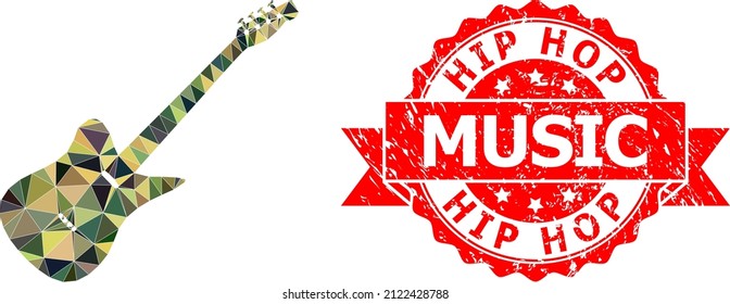 Low-Poly triangulated electric guitar military camouflage icon illustration, and Hip Hop Music rubber seal imitation. Red stamp has Hip Hop Music text inside ribbon.