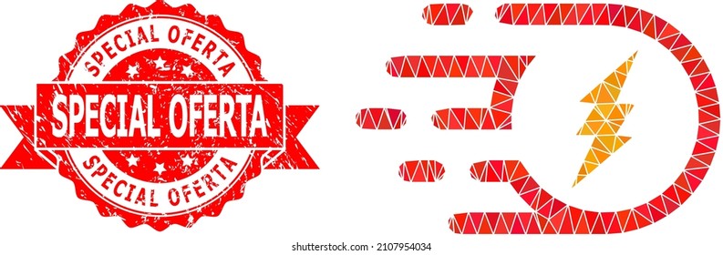 Ilustración de icono de partículas eléctricas trianguladas y sello sucio Oferta especial. El sello rojo incluye la leyenda Oferta Especial dentro de la cinta.