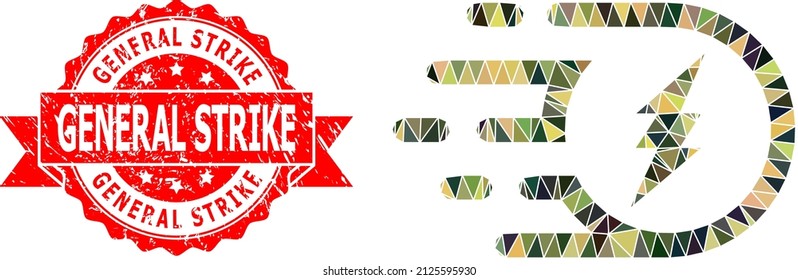 Low-Poly triangulated electric participle military camouflage 2d illustration, and General Strike textured stamp seal. Red seal contains General Strike title inside ribbon.