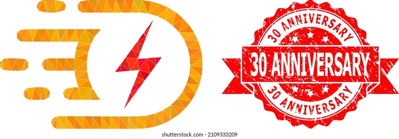 Low-Poly triangulated electric voltage icon illustration, and 30 Anniversary dirty seal. Red stamp has 30 Anniversary text inside ribbon. Vector electric voltage icon filled with triangles. svg
