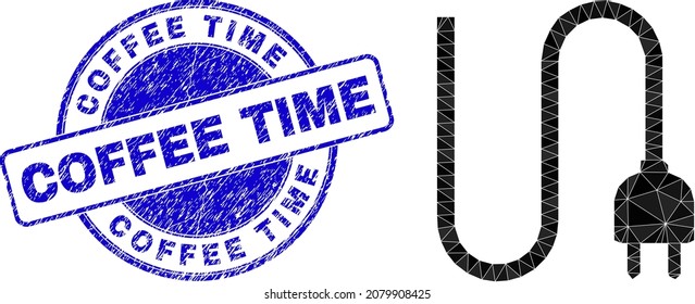 Lowpoly triangulated electrical cord icon illustration, and Coffee Time rubber stamp seal. Blue stamp seal includes Coffee Time tag inside circle form.