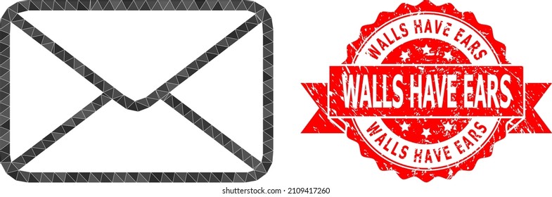 Ilustración de icono de sobre triangulado de bajo polilla y marca de agua rayada de Walls Have Ears. El sello rojo contiene la etiqueta Walls Have Ears dentro de la cinta. Icono de envoltura vectorial rellenado con mosaico triangular.