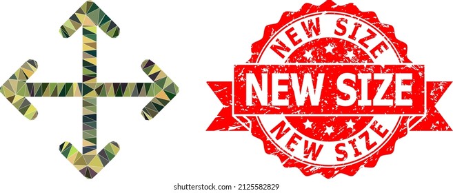 Low-Poly triangulated expand arrows military camouflage symbol illustration, and New Size unclean stamp. Red stamp seal has New Size caption inside ribbon.