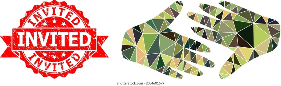 Low-Poly triangulated fair trade handshake military camouflage icon illustration, and Invited rubber stamp. Red stamp seal has Invited caption inside ribbon.