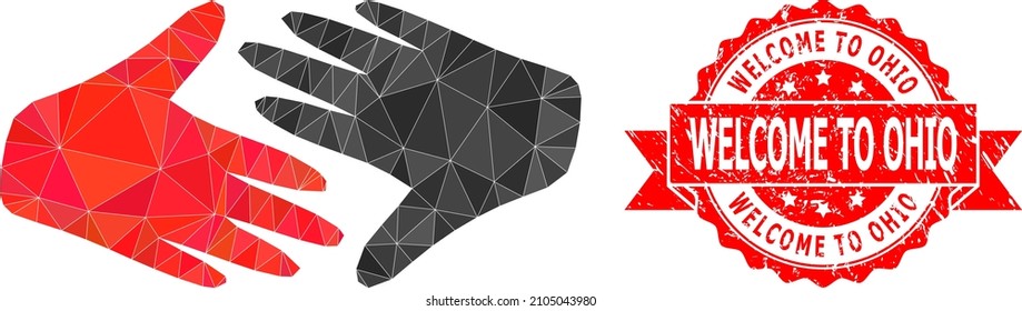 Low-Poly triangulated fair trade handshake icon illustration, and Welcome to Ohio dirty seal. Red stamp seal contains Welcome to Ohio text inside ribbon.