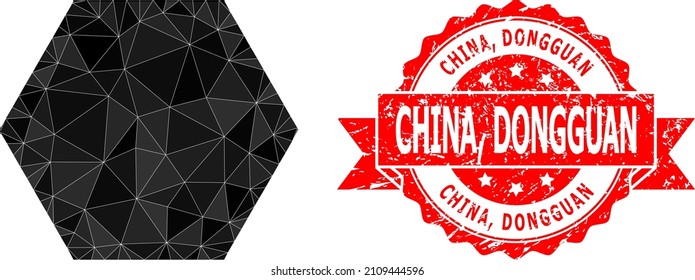 Ilustración de icono de hexágono bajo triangulado, y China, sello texturizado de Dongguan. El sello rojo tiene texto en China, Dongguan dentro de la cinta.