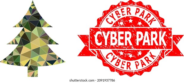 Low-Poly triangulated fir tree military camouflage 2d illustration, and Cyber Park dirty stamp seal. Red seal includes Cyber Park text inside ribbon.